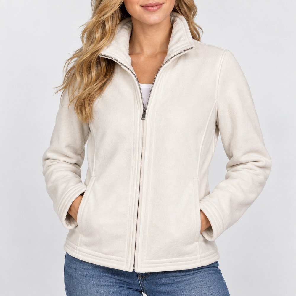 Calvin Klein Faux Suede Jacket Womens M Ivory Fur Lined Full Zip Mock Neck Coat